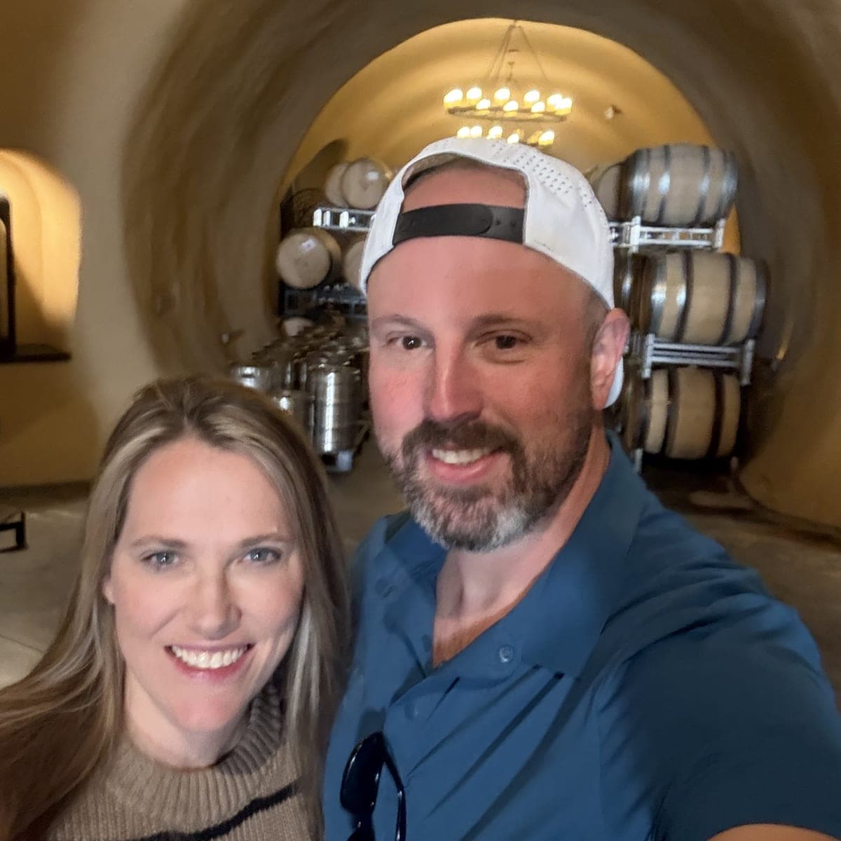 Matthew and Amanda Perez in a barrel cellar